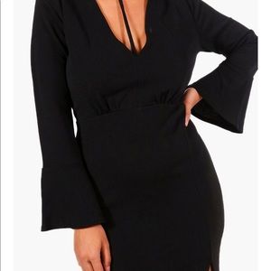 Black Choker Detail Slit Flare Sleeve Dress